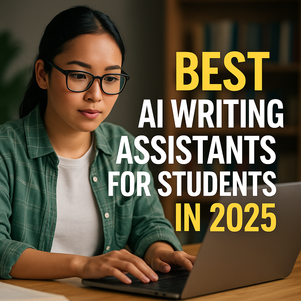 Student using a laptop with bold text overlay reading “Best AI Writing Assistants for Students in 2025,” representing a blog about top AI writing tools for academic use.